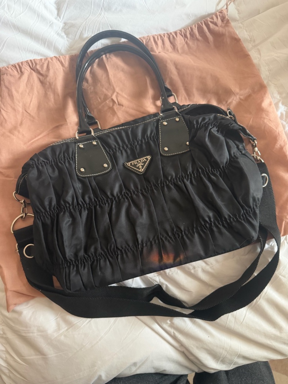 Prada Black Gathered Nylon Shoulder Bag with Detachable Strap